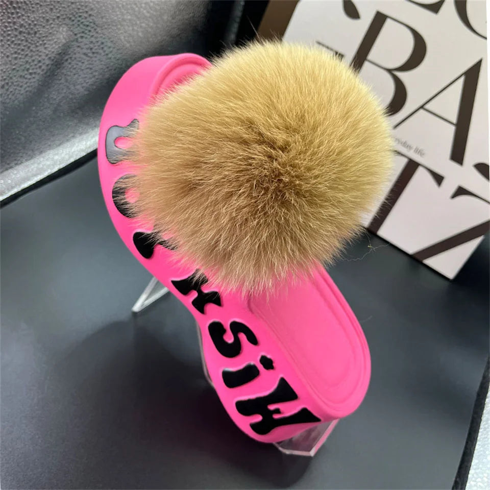 Women's Fox Fur Slippers Summer Open-Toe Fluffy Slippers Anti-Slip Shoes for Woman Sandals Fluffy Black Slides Fur Slides