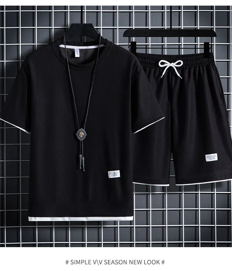 Men's Waffle T-Shirt & Shorts Tracksuit Set