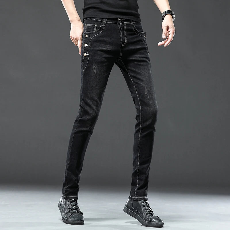 New Men Slim Korean Button Jeans Black Skinny Solid Color Stretch Multi-button Youth Male Denim Pants Streetwear