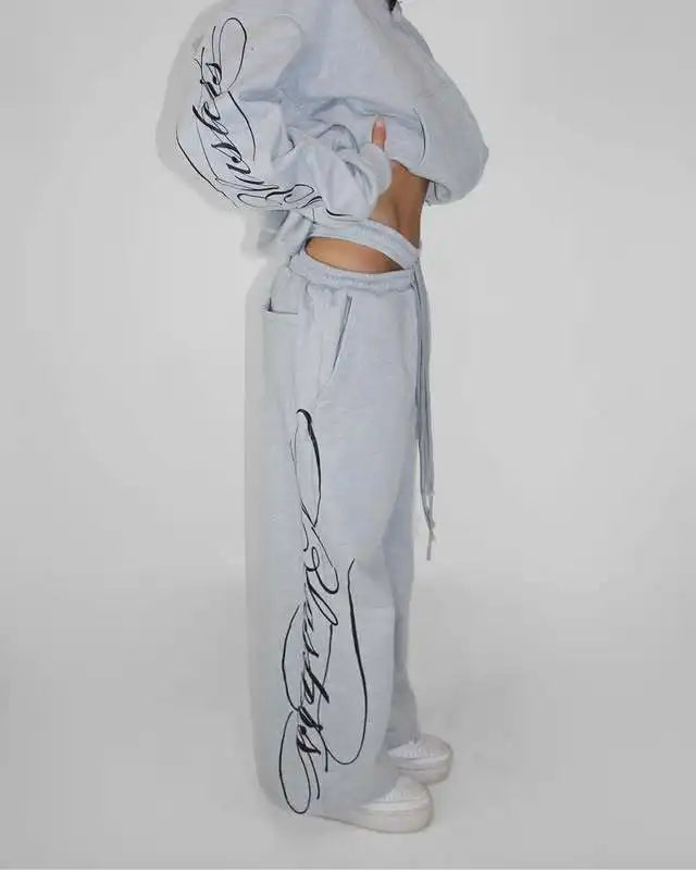 Grey Y2K Script Print Hoodie & Wide Leg Pants Set