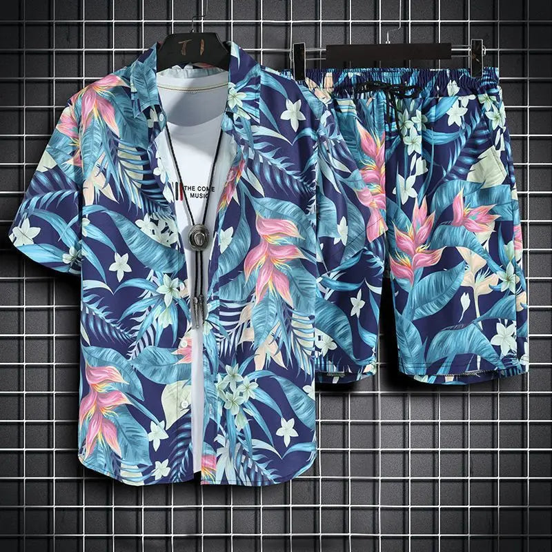 Men's Hawaiian Print Shirt & Shorts Beach Set