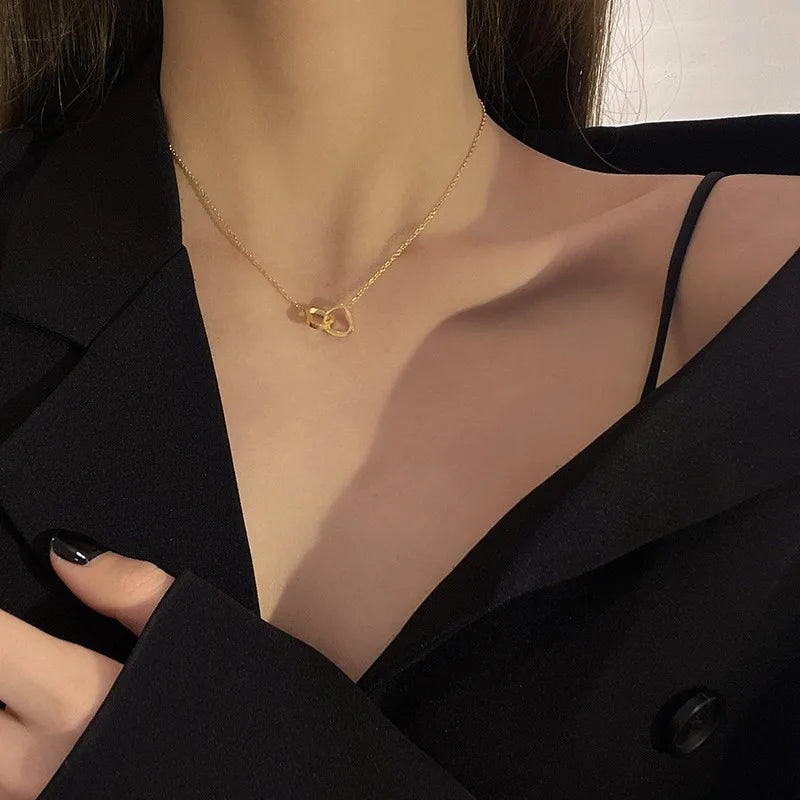 Simple Double Heart Pendant Necklace for Women Couple Stainless Steel Choker Gold Color Chain Wedding Party Friends Jewelry Gift