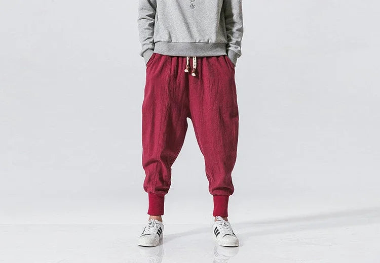 Cotton Linen Drop-Crotch Harem Pants
