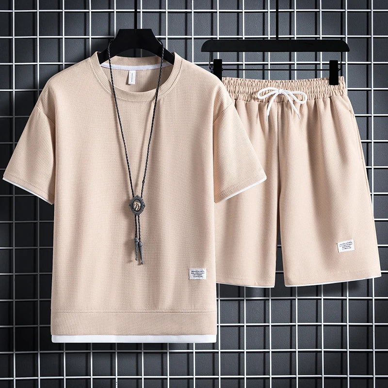 Men's Waffle T-Shirt & Shorts Tracksuit Set