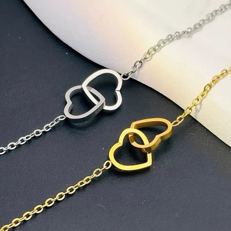 Simple Double Heart Pendant Necklace for Women Couple Stainless Steel Choker Gold Color Chain Wedding Party Friends Jewelry Gift