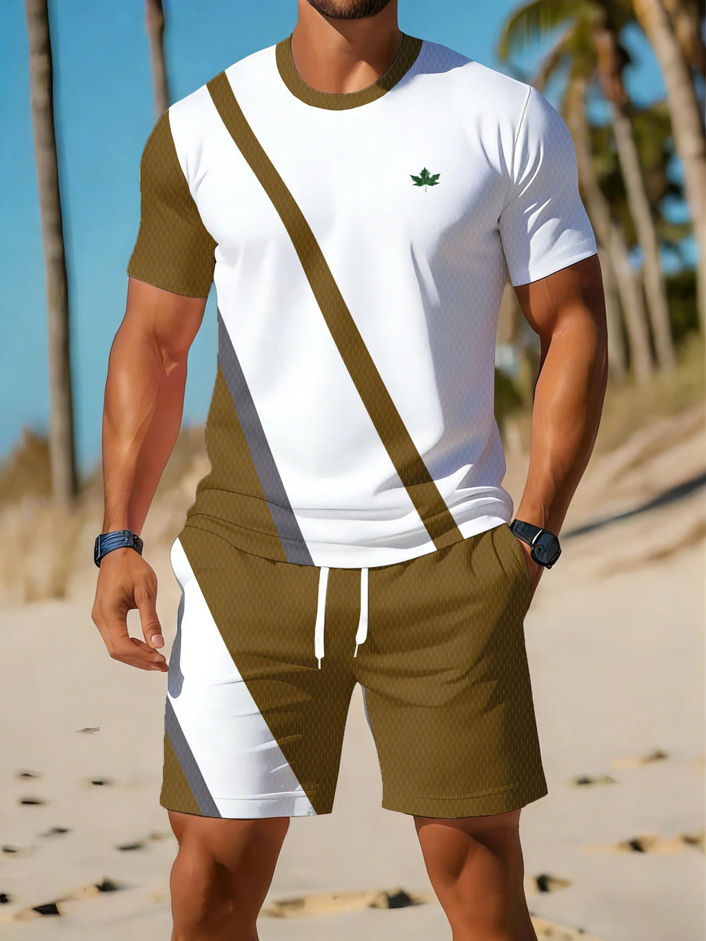 Men's Plus Size Striped Beach T-Shirt & Shorts Set