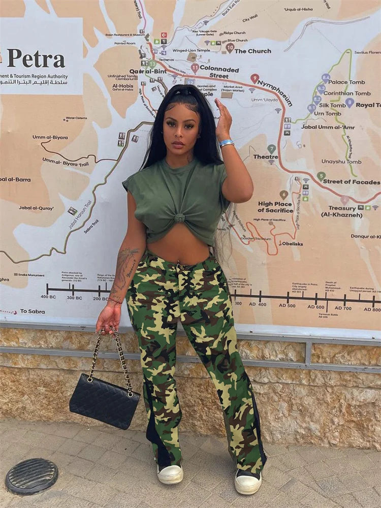 Y2K High Waist Print Flared Cargo Trousers — Women