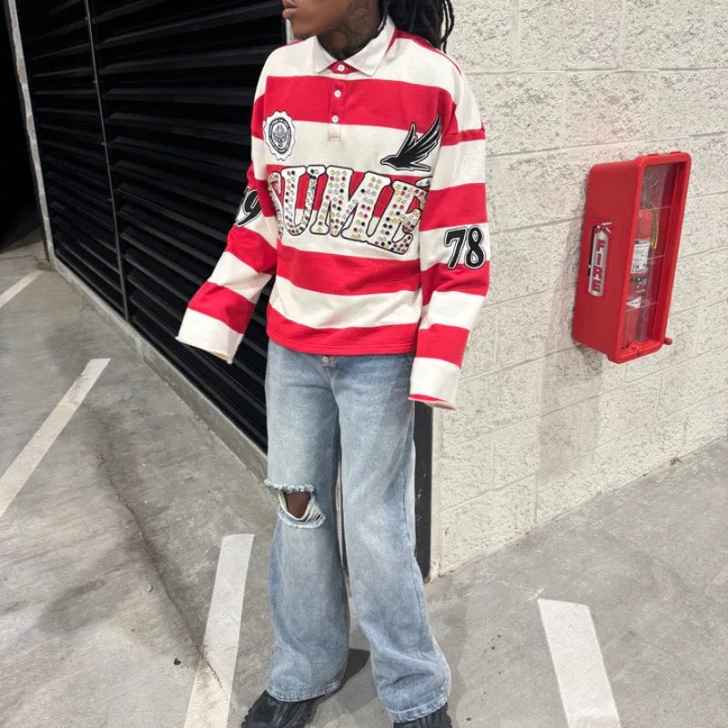 Y2K Stripe Embroidery Long Sleeve Polo