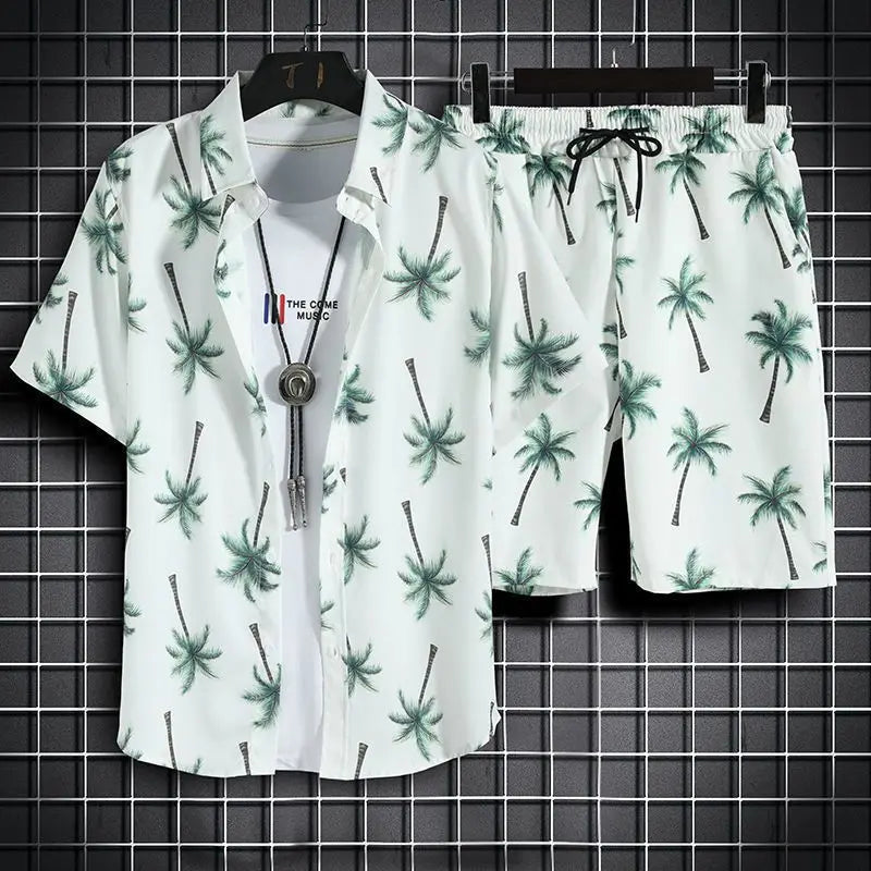 Men's Hawaiian Print Shirt & Shorts Beach Set