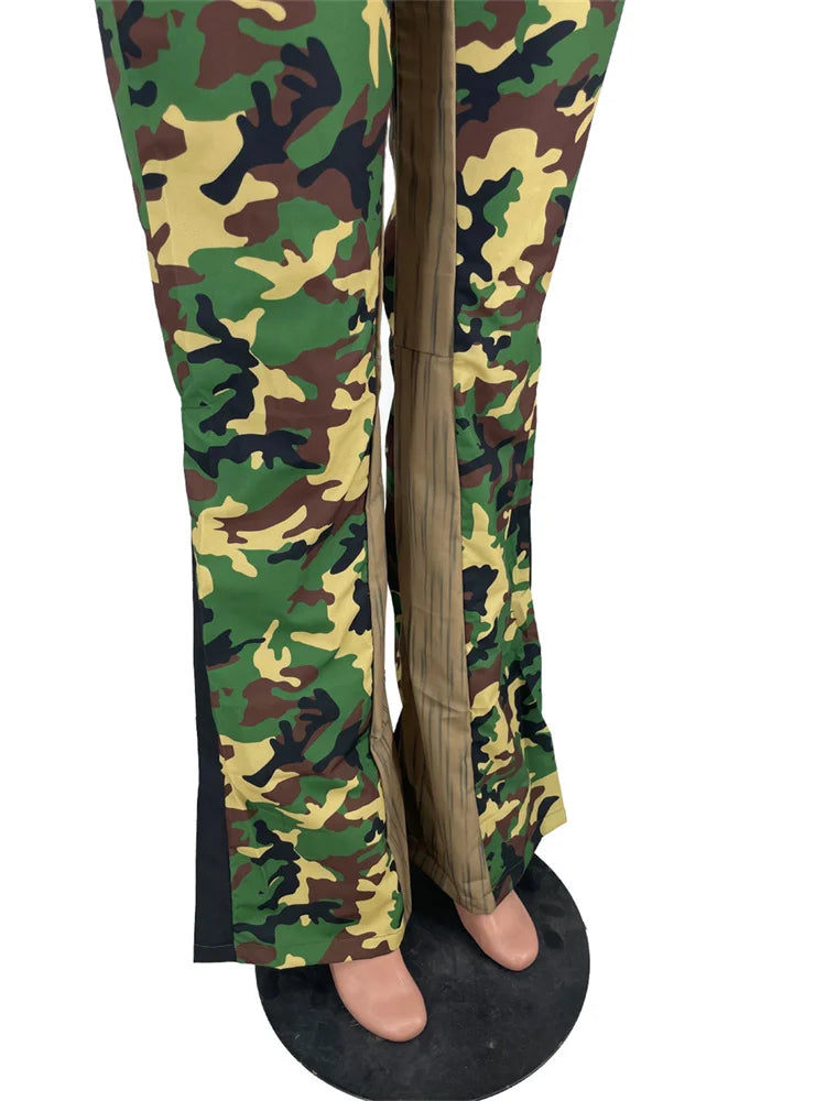 Y2K High Waist Print Flared Cargo Trousers — Women