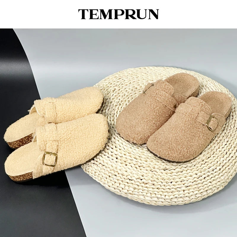 New Plush Closed-toe Slippers Retro Sandals Women Men's Indoor & Outdoor Slip-on Flat Shoes Suitable For Fall & Winter