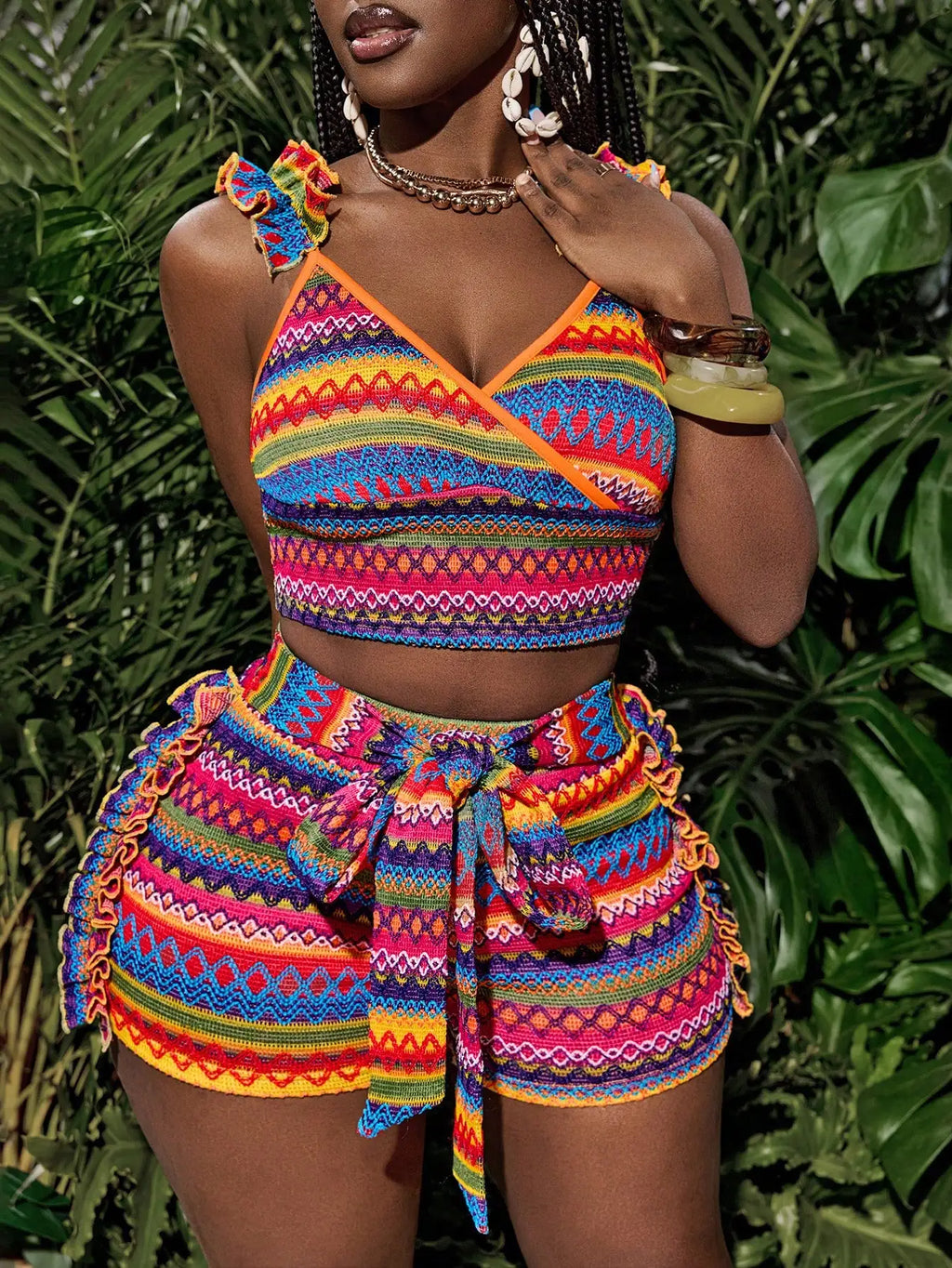 Solid Color Crop Top & Biker Shorts Set — Women's
