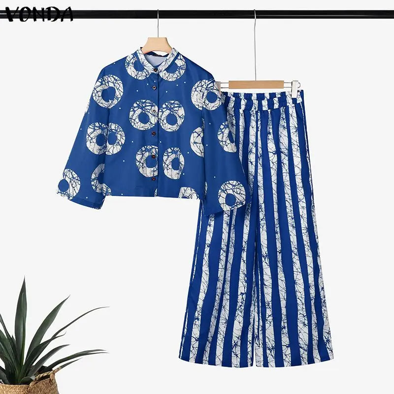 Plus Size Bohemian Print Shirt & Wide Leg Pants Set — Women
