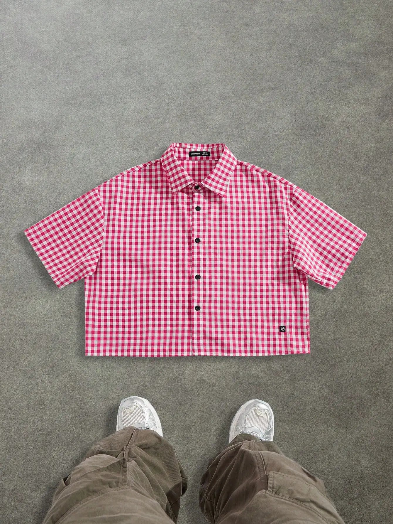 Men Casual Plaid Cropped Short Sleeve Shirt Y2k Street Style