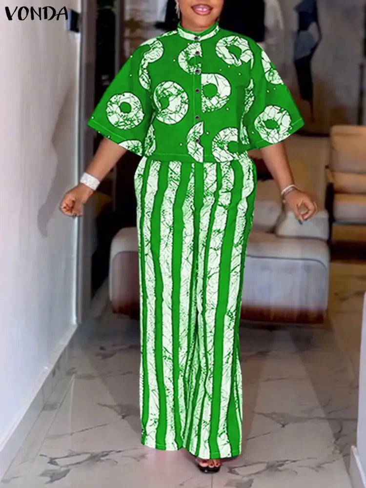 Plus Size Bohemian Print Shirt & Wide Leg Pants Set — Women