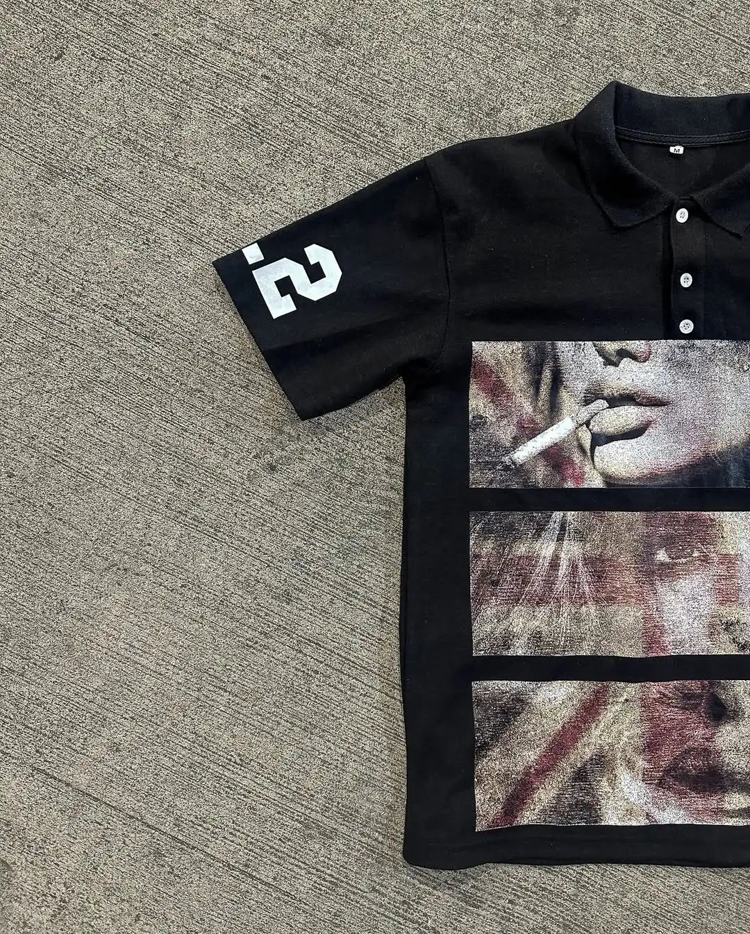 Comic Print Y2K Black Polo Tee