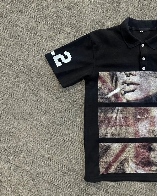 Comic Print Y2K Black Polo Tee