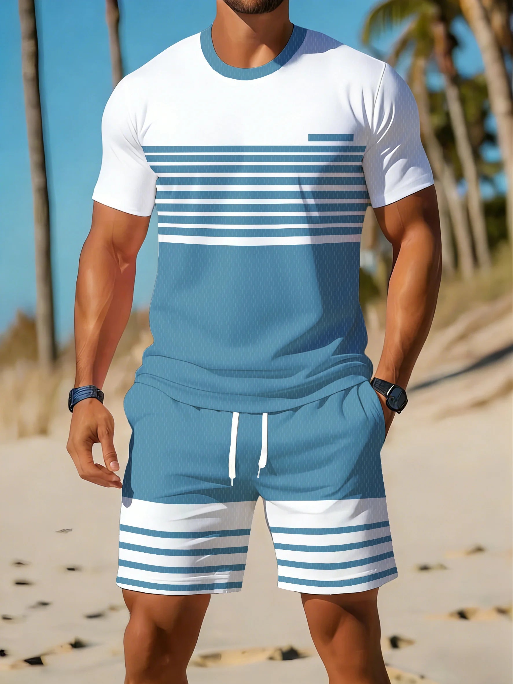 Men's Striped Print T-Shirt & Shorts Beach Set