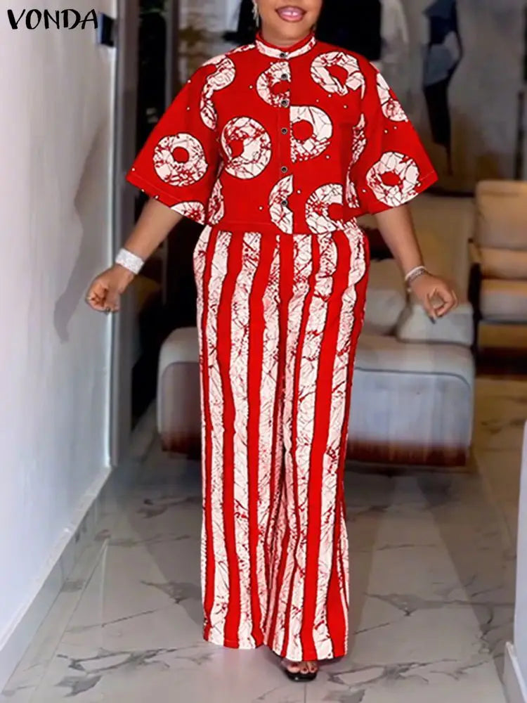 Plus Size Bohemian Print Shirt & Wide Leg Pants Set — Women