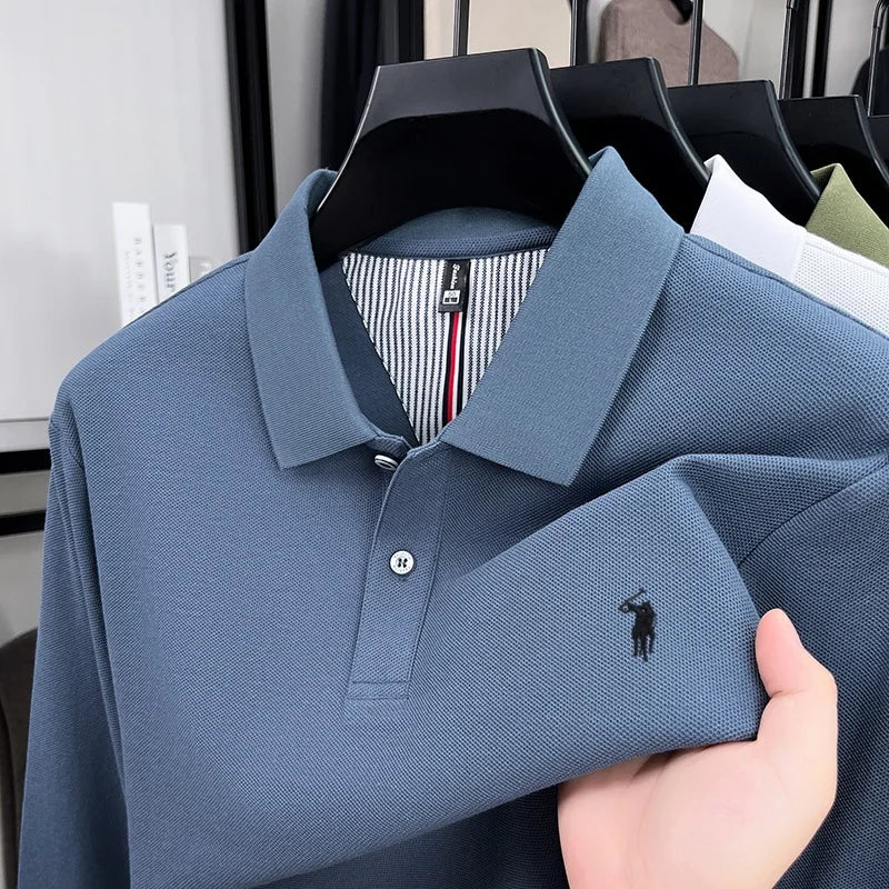 100% pure cotton autumn and winter men's fashion sports brand embroidered pony long sleeved POLO shirt business casual T-shirt