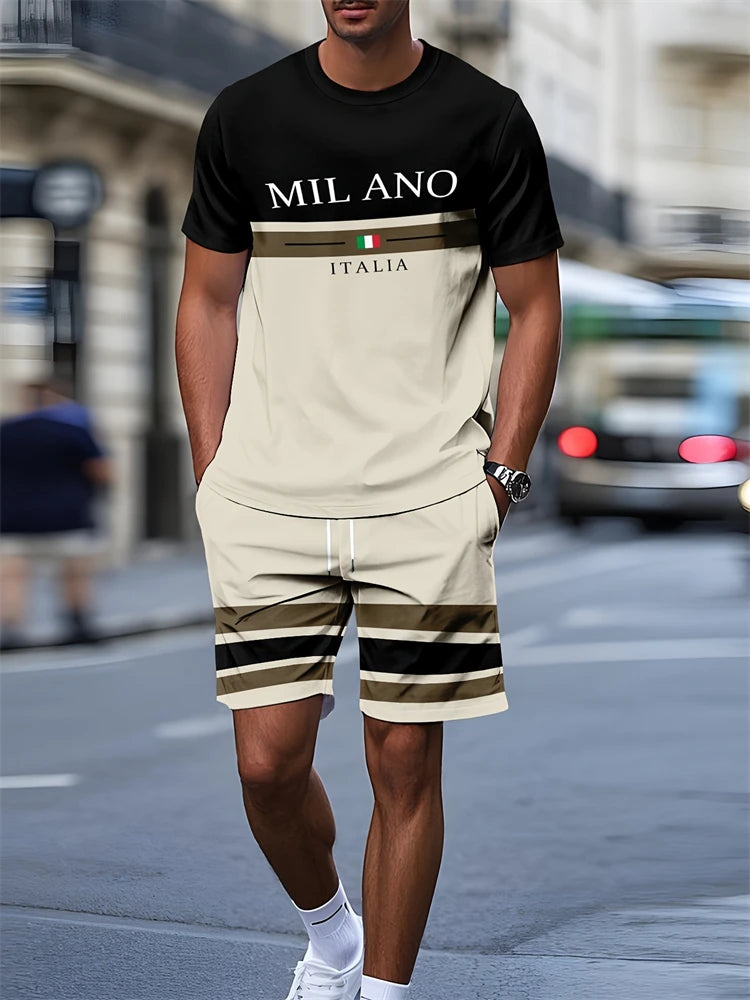 Men's Stripe Letter Print Oversized T-Shirt & Shorts Set