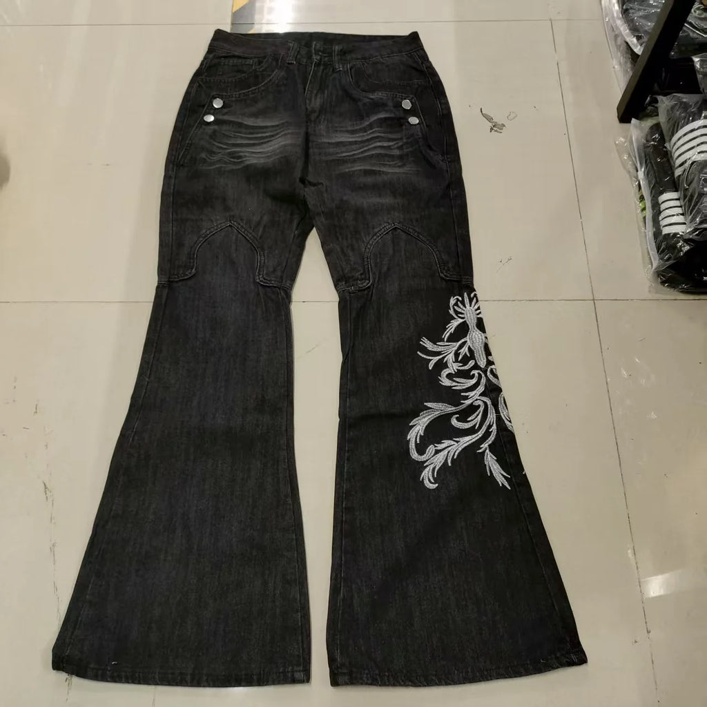 Embroidered Wide Leg Y2K Jeans