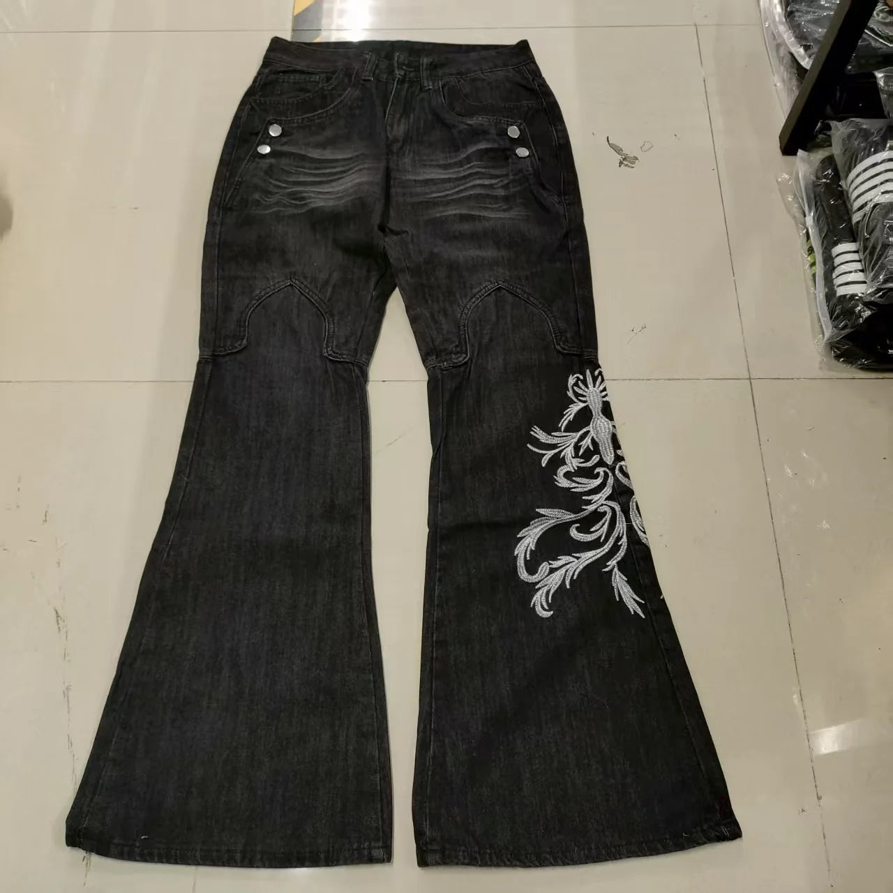 Embroidered Wide Leg Y2K Jeans