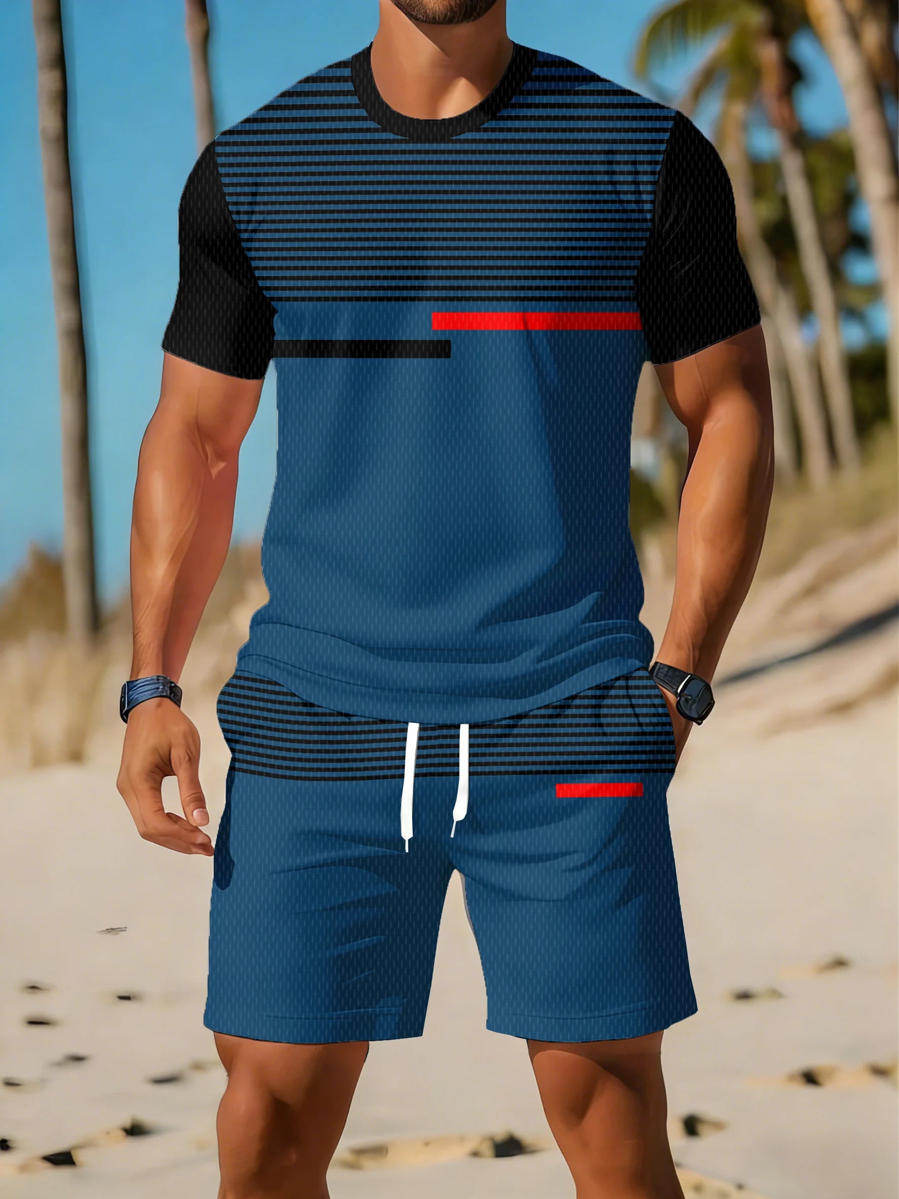 Men's Striped Print T-Shirt & Shorts Beach Set
