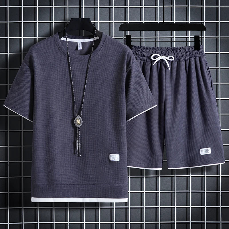 Men's Waffle T-Shirt & Shorts Tracksuit Set