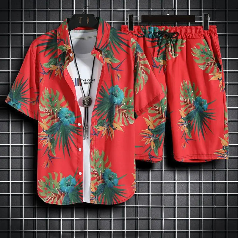 Men's Hawaiian Print Shirt & Shorts Beach Set