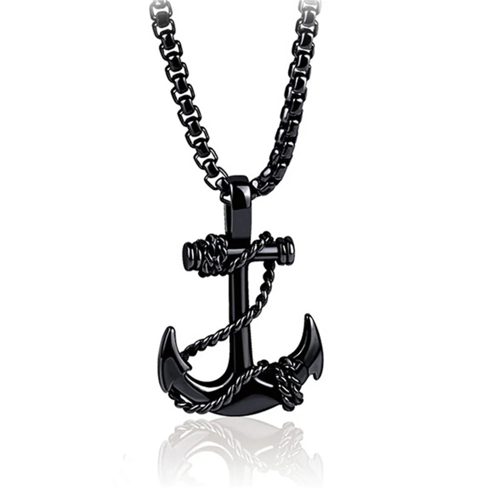 Wu's 2022 Double Sword Pirate Titanium Steel Necklace Retro Halloween Skull Ghost Head Anchor Necklace Imitation Turquoise Ancho