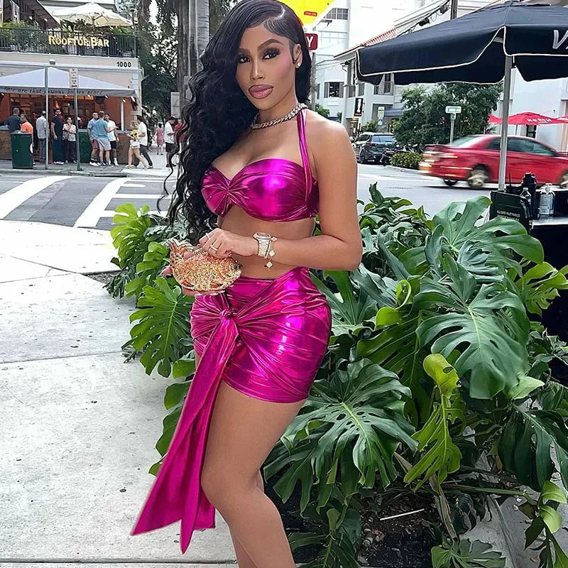 Metallic Bandage Crop Top & Draped Mini Skirt Set