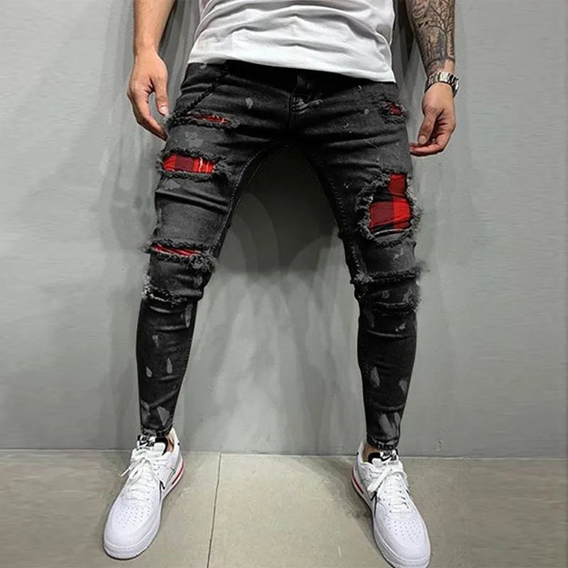 Grid Patch Ripped Slim Jeans