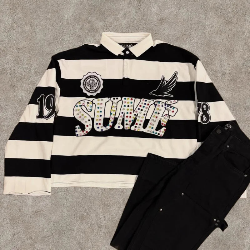 Y2K Stripe Embroidery Long Sleeve Polo