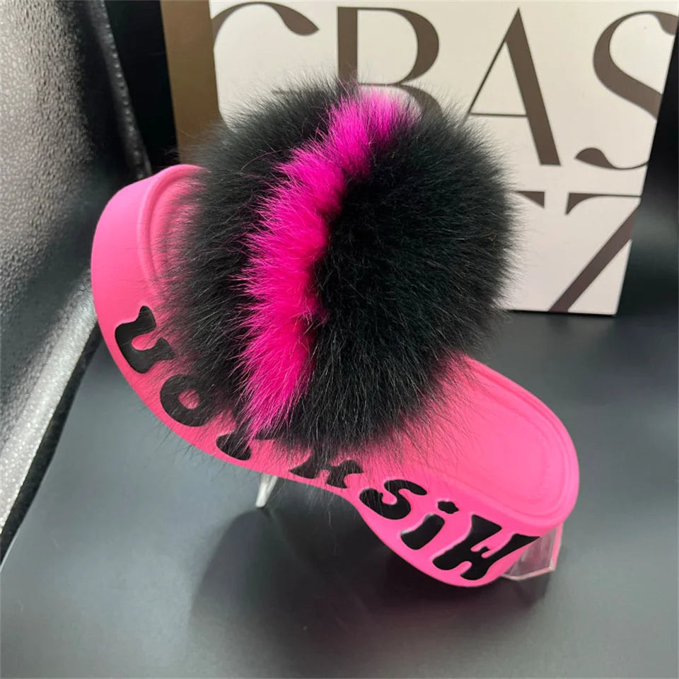 Women's Fox Fur Slippers Summer Open-Toe Fluffy Slippers Anti-Slip Shoes for Woman Sandals Fluffy Black Slides Fur Slides