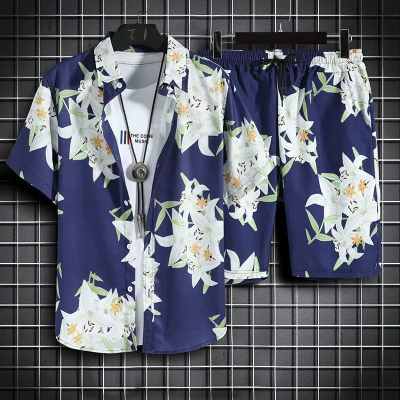 Men's Hawaiian Print Shirt & Shorts Beach Set