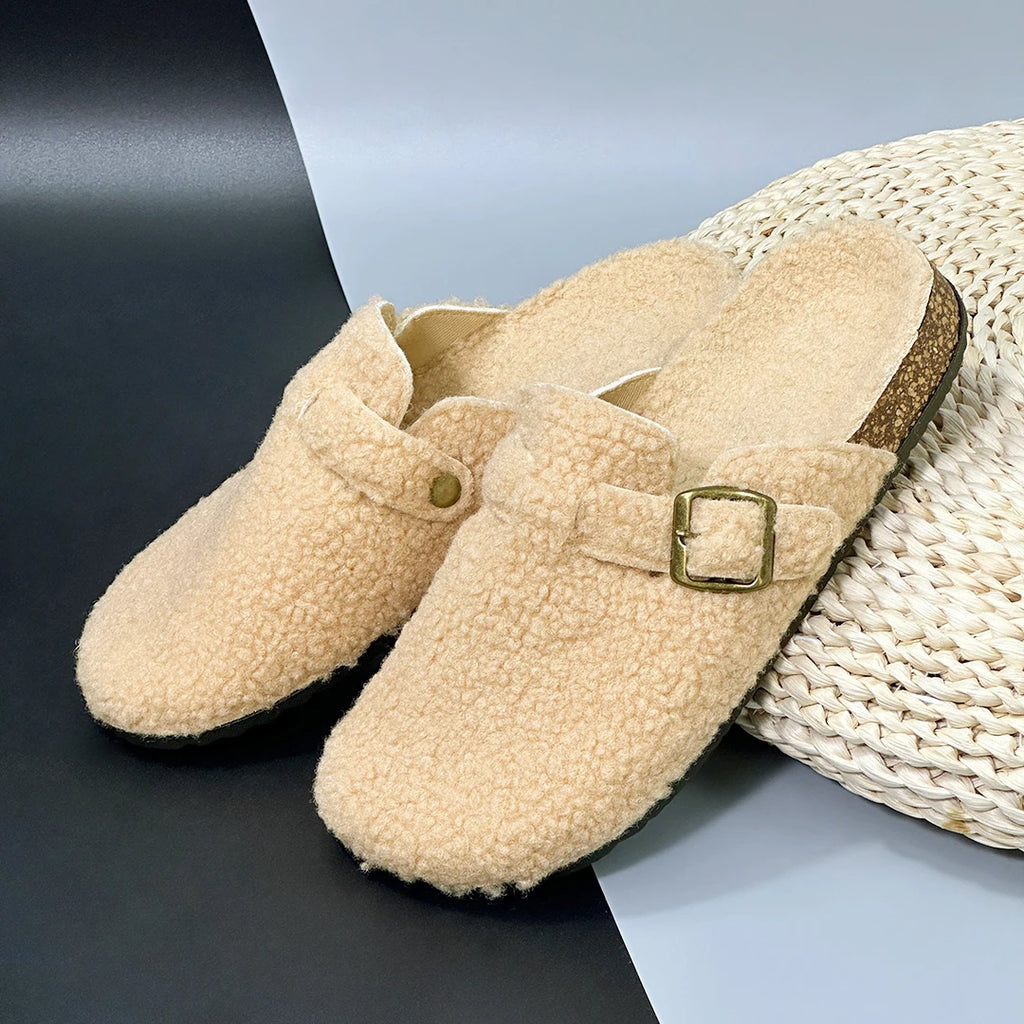 New Plush Closed-toe Slippers Retro Sandals Women Men's Indoor & Outdoor Slip-on Flat Shoes Suitable For Fall & Winter