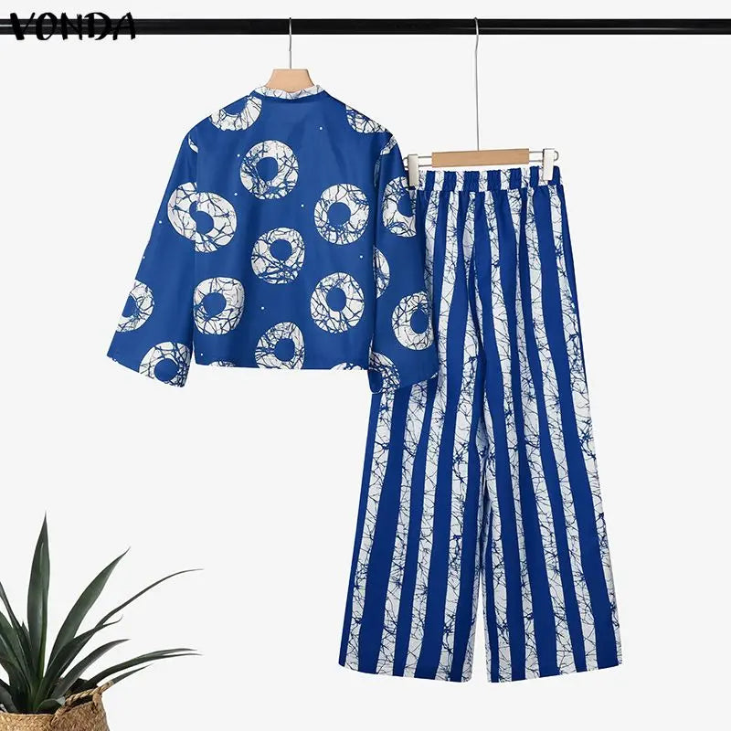 Plus Size Bohemian Print Shirt & Wide Leg Pants Set — Women