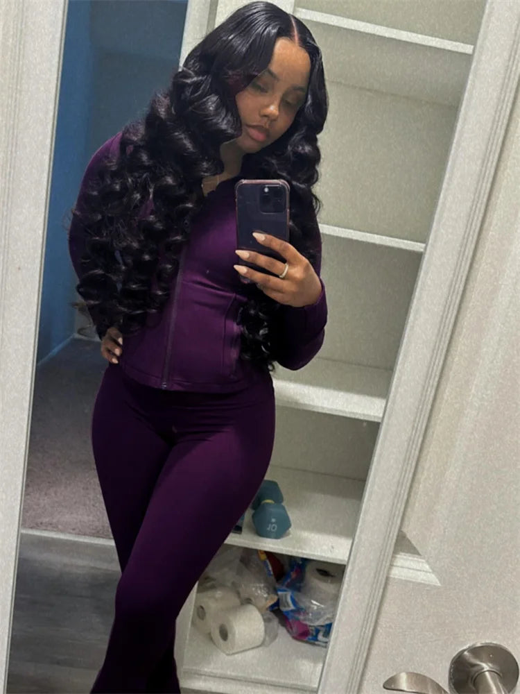 Elegant Sports Women Clothing Sales Long Sleeve Tops Flare Pants 2 Two Pieces Sets Tracksuit Streetwear Jogging Leggings Outfits