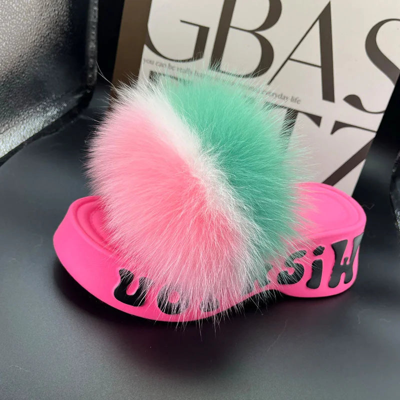 Women's Fox Fur Slippers Summer Open-Toe Fluffy Slippers Anti-Slip Shoes for Woman Sandals Fluffy Black Slides Fur Slides