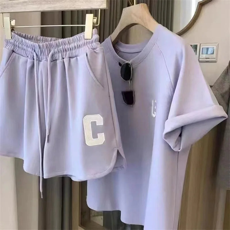 Women's Print Letter T-Shirt & Shorts Two-Piece Set