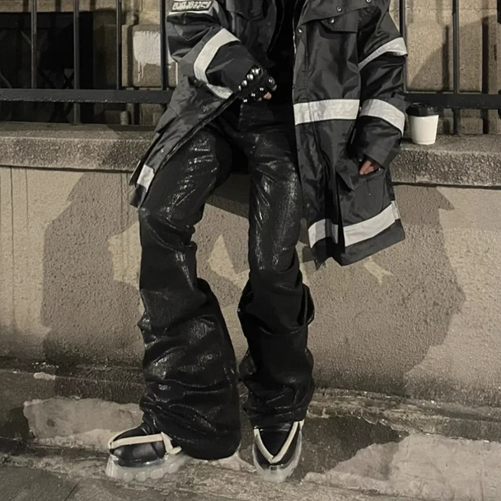 Midnight Flare — Black Wax Leather Stretch Jean