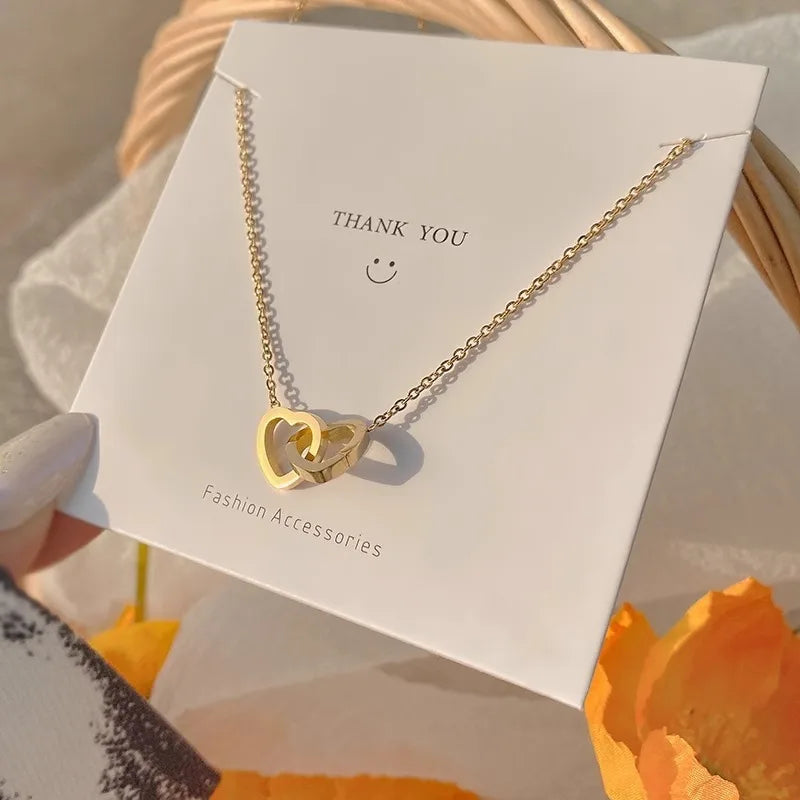 Simple Double Heart Pendant Necklace for Women Couple Stainless Steel Choker Gold Color Chain Wedding Party Friends Jewelry Gift