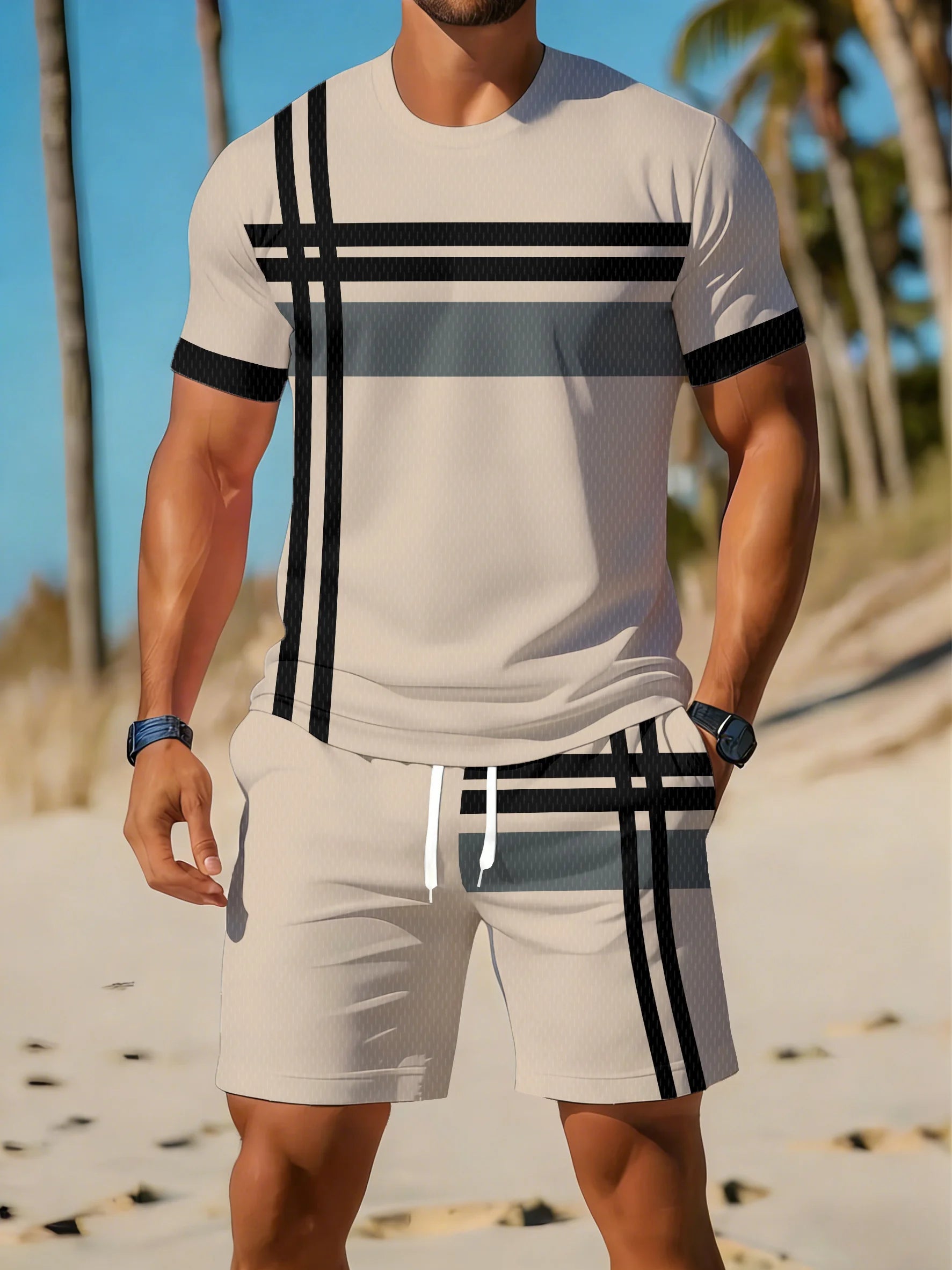 Men's Plus Size Striped Beach T-Shirt & Shorts Set