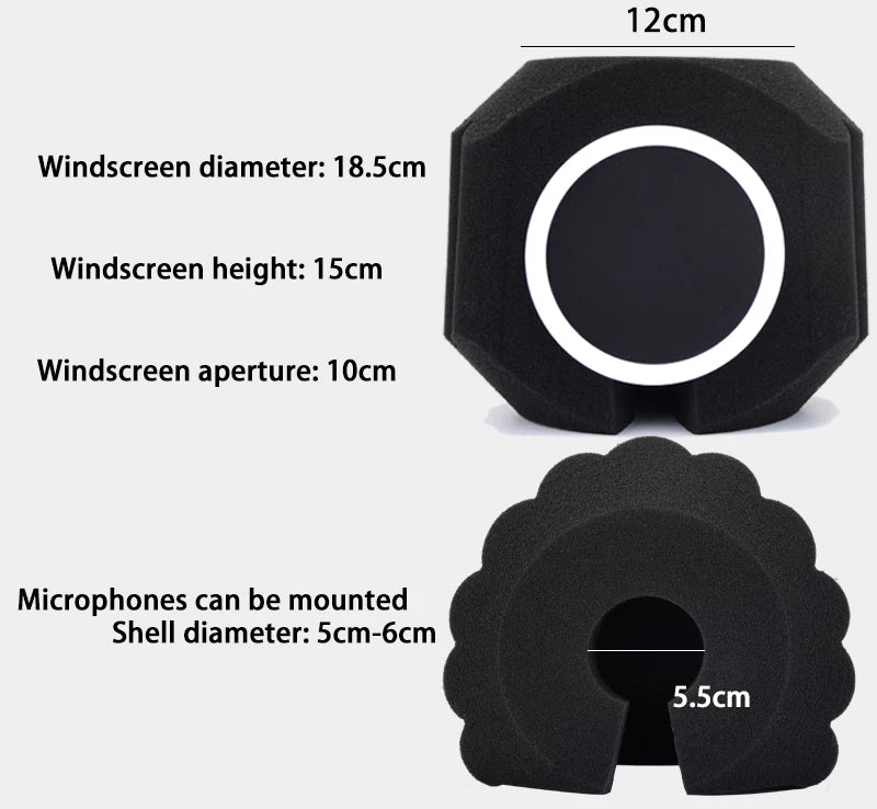 Acoustic Windscreen 5-Sided Seal - Wind Noise Reduction, Side-Open POP Filter, Quiet Studio, Portable & Lightweight
