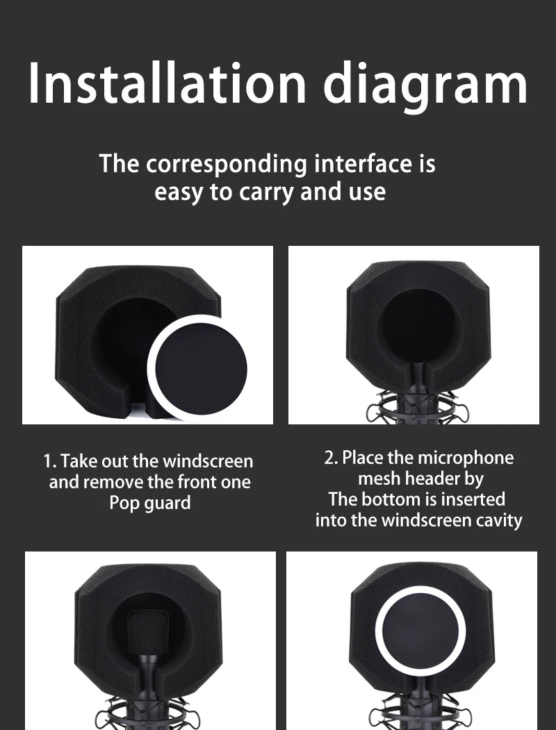 Acoustic Windscreen 5-Sided Seal - Wind Noise Reduction, Side-Open POP Filter, Quiet Studio, Portable & Lightweight