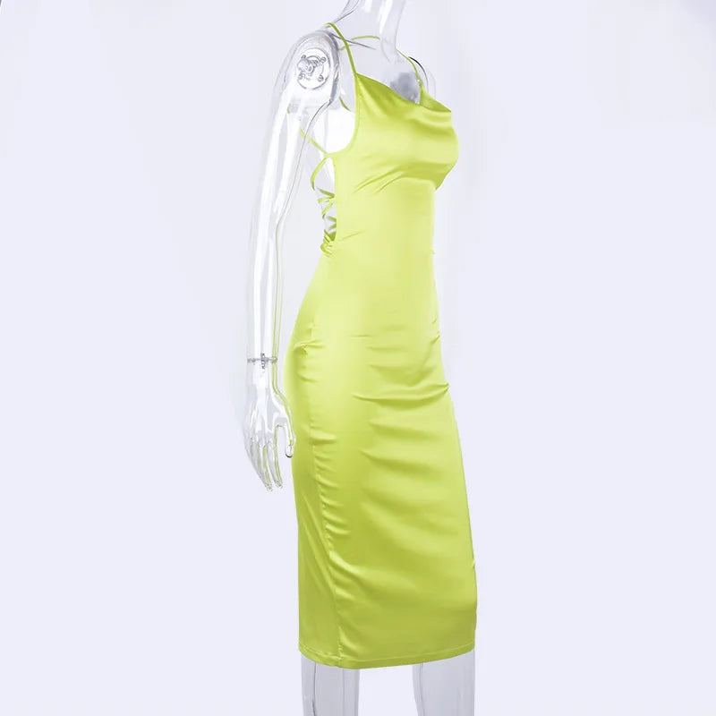 Neon Satin Lace-Up Bodycon Midi Dress — Women's