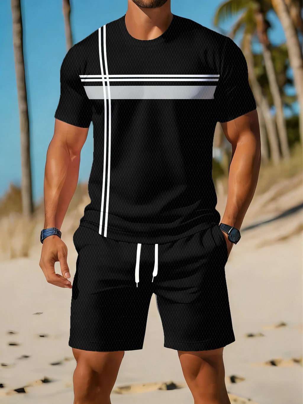 Men's Plus Size Striped Beach T-Shirt & Shorts Set