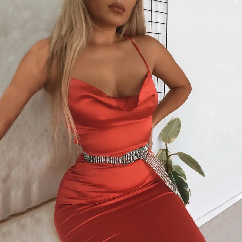 Neon Satin Lace-Up Bodycon Midi Dress — Women's