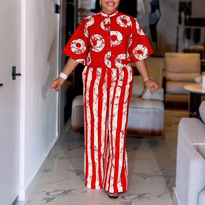 Plus Size Bohemian Print Shirt & Wide Leg Pants Set — Women